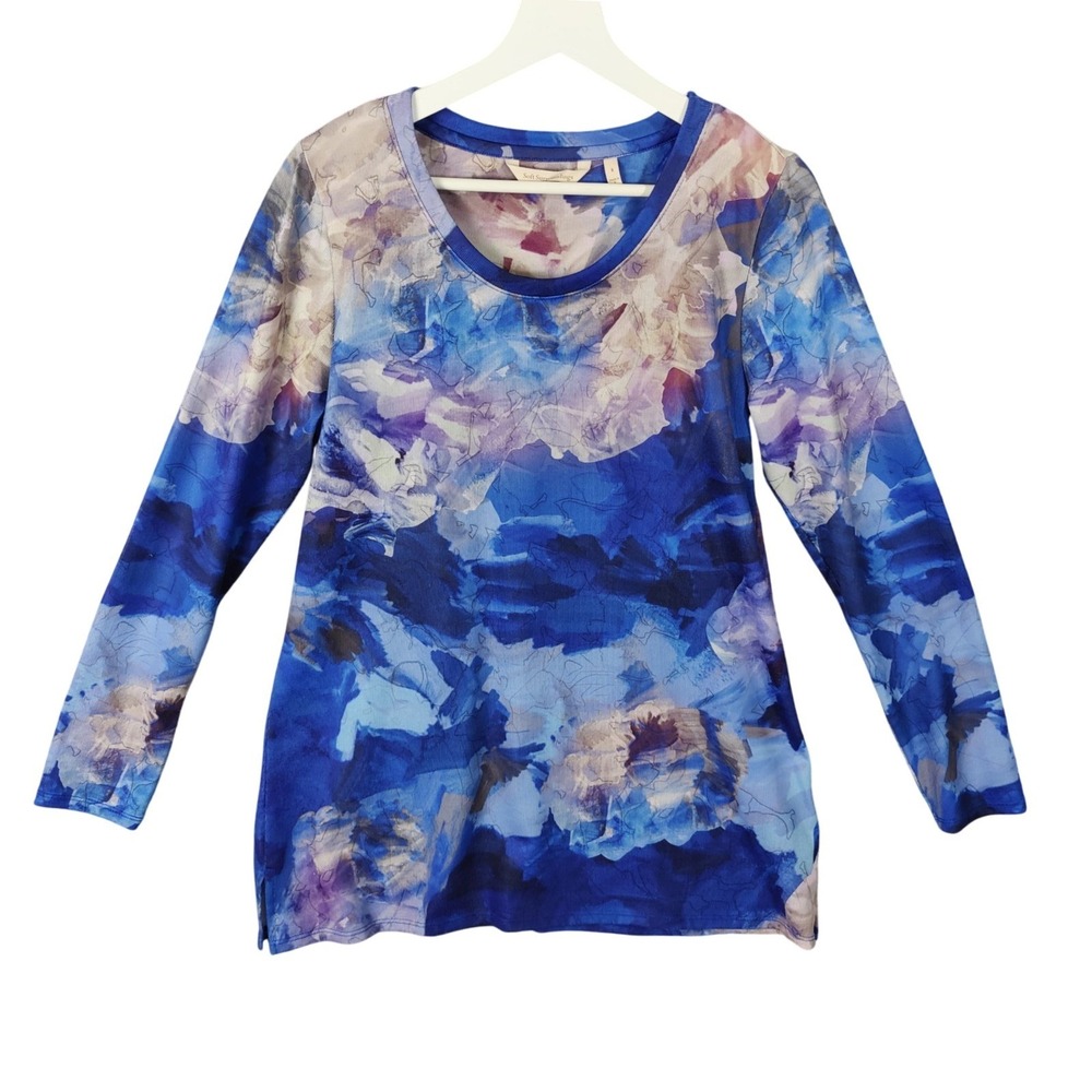Soft Surroundings Womens Watercolor Abstract‎ Boho Artsy Top S Long Sleeve Scoop